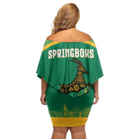 South Africa Springboks Family Matching Off Shoulder Short Dress and Hawaiian Shirt with Tribal Antelope Design and Floral Accents