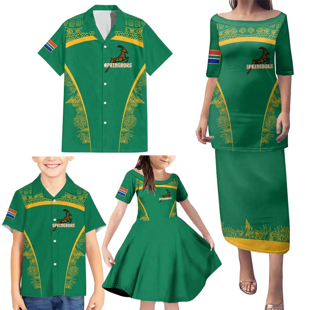 South Africa Springboks Family Matching Puletasi and Hawaiian Shirt with Tribal Antelope Design and Floral Accents