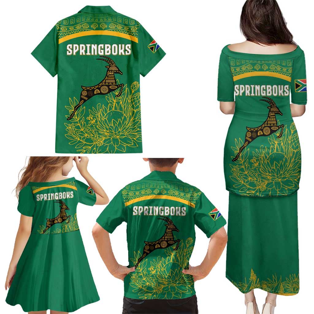 South Africa Springboks Family Matching Puletasi and Hawaiian Shirt with Tribal Antelope Design and Floral Accents