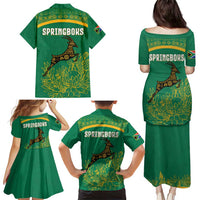 South Africa Springboks Family Matching Puletasi and Hawaiian Shirt with Tribal Antelope Design and Floral Accents