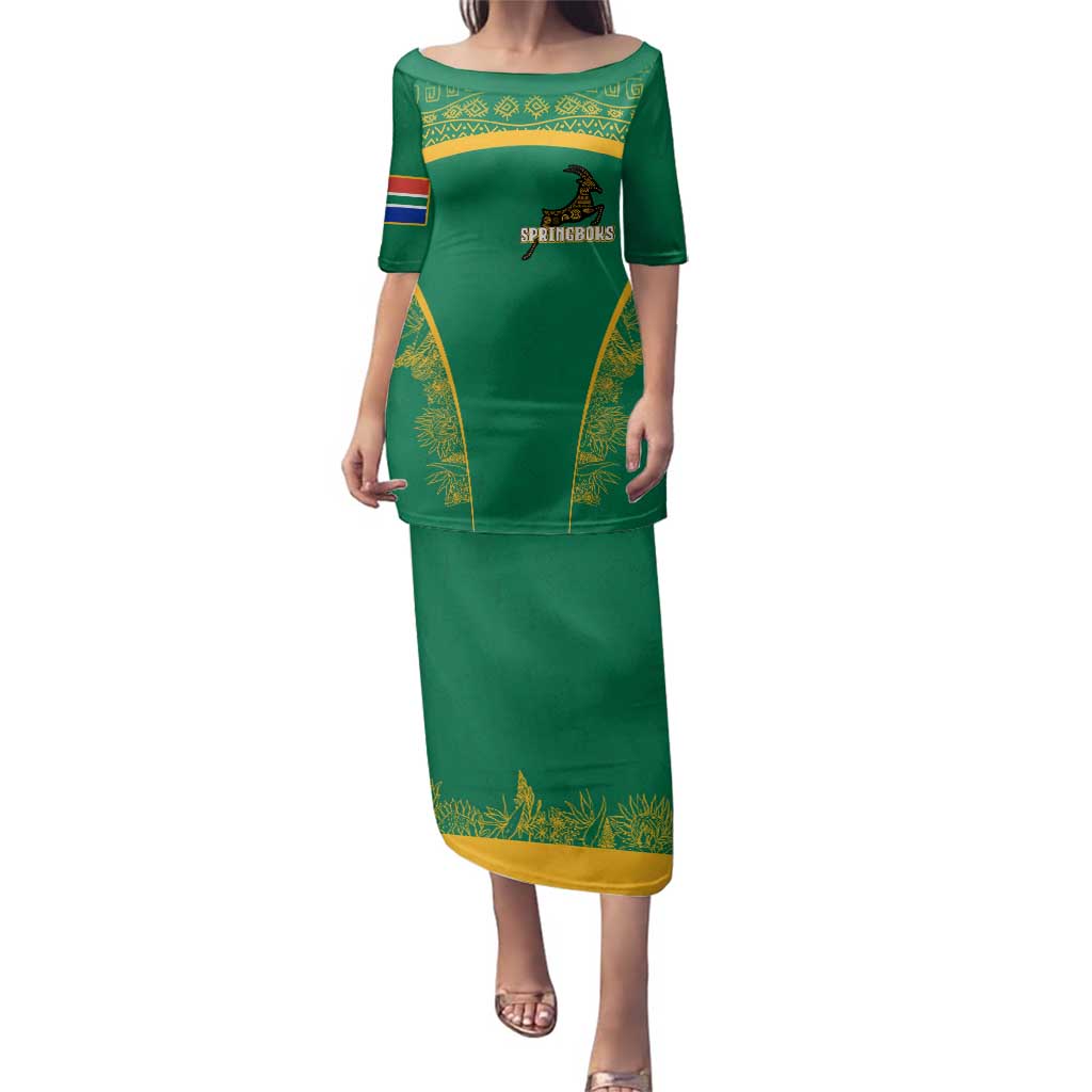 South Africa Springboks Family Matching Puletasi and Hawaiian Shirt with Tribal Antelope Design and Floral Accents