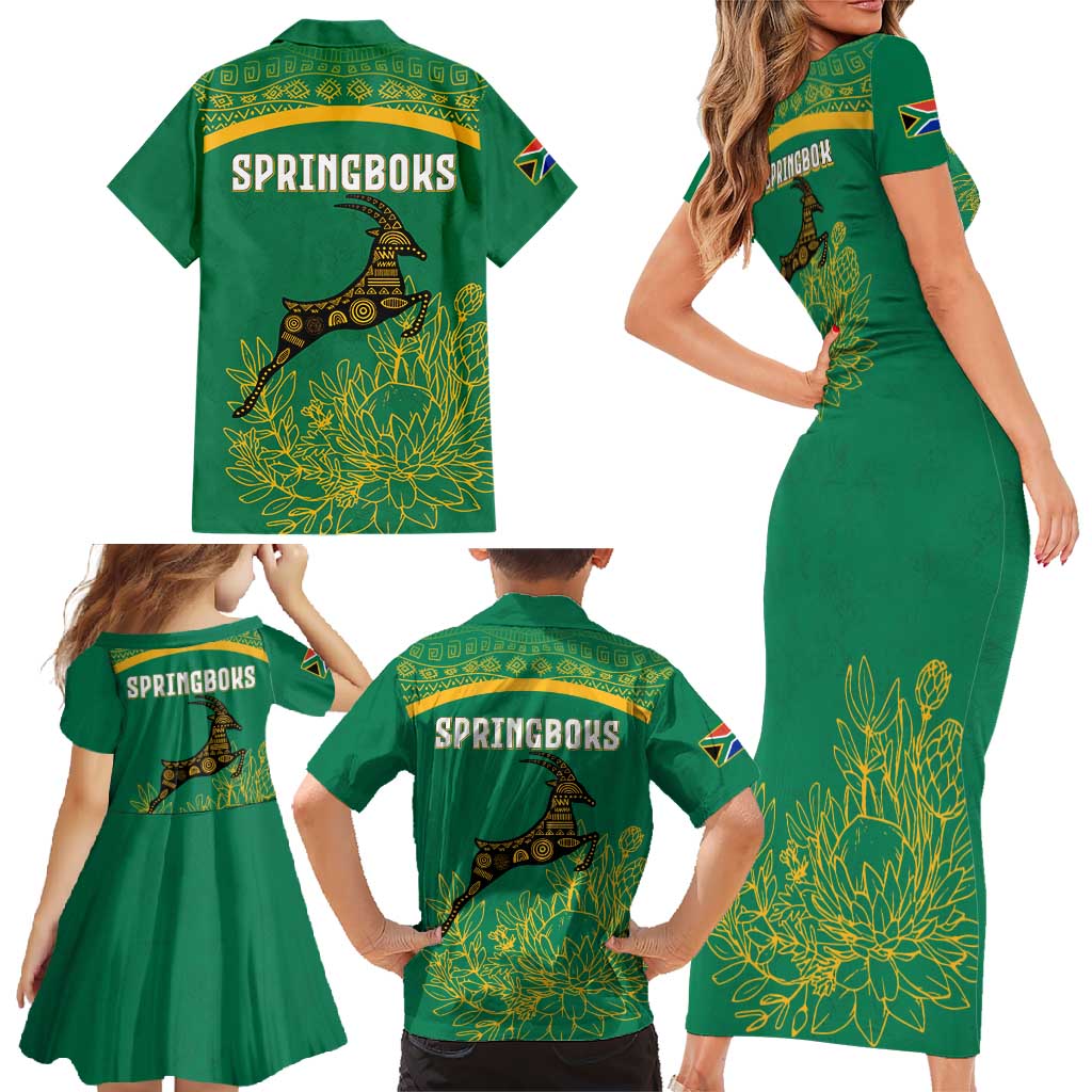South Africa Springboks Family Matching Short Sleeve Bodycon Dress and Hawaiian Shirt with Tribal Antelope Design and Floral Accents