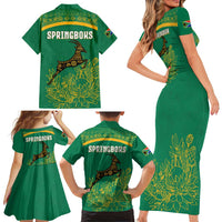 South Africa Springboks Family Matching Short Sleeve Bodycon Dress and Hawaiian Shirt with Tribal Antelope Design and Floral Accents