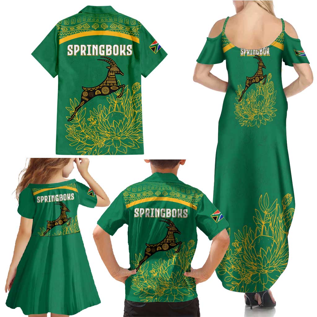 South Africa Springboks Family Matching Summer Maxi Dress and Hawaiian Shirt with Tribal Antelope Design and Floral Accents