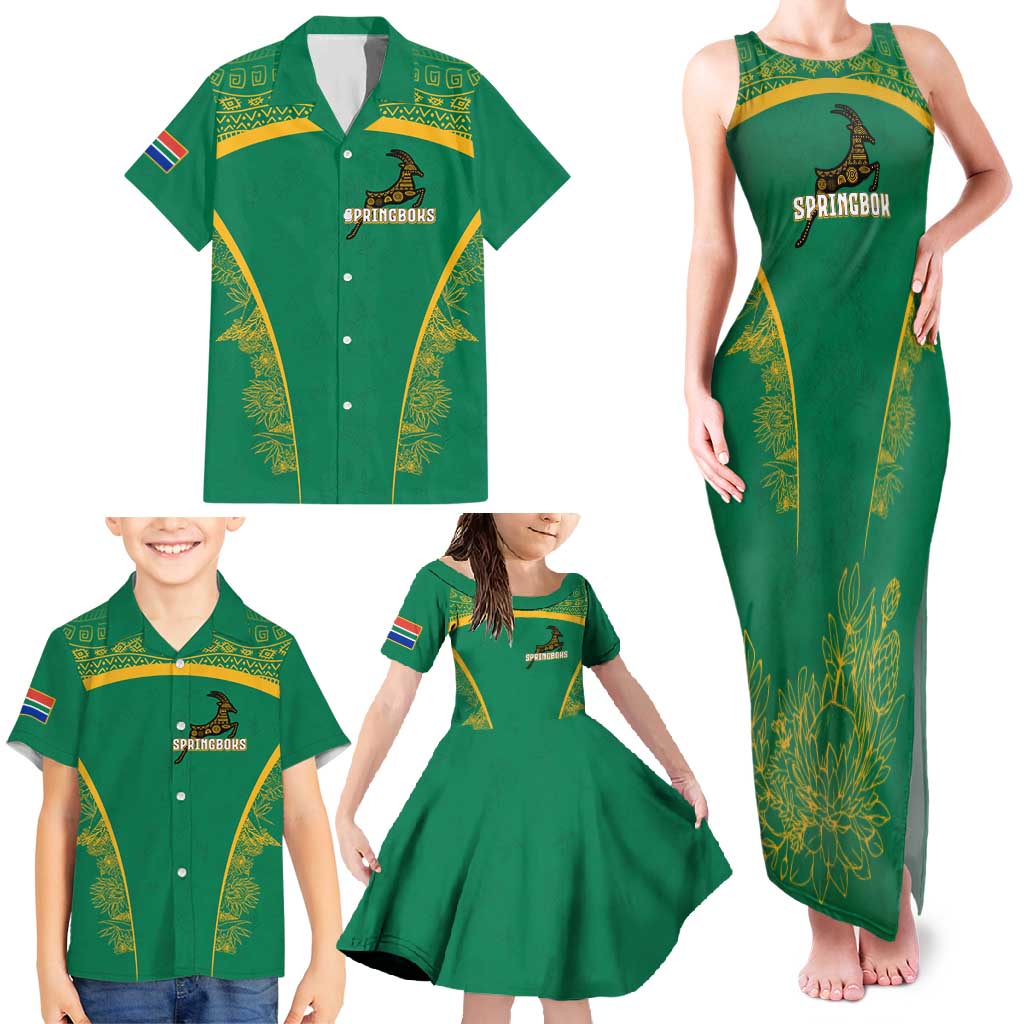 South Africa Springboks Family Matching Tank Maxi Dress and Hawaiian Shirt with Tribal Antelope Design and Floral Accents
