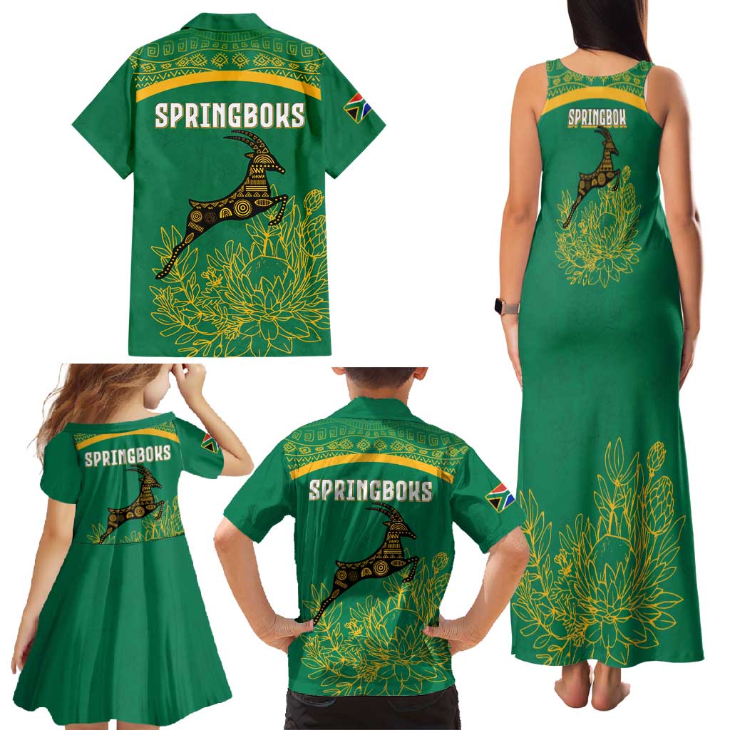 South Africa Springboks Family Matching Tank Maxi Dress and Hawaiian Shirt with Tribal Antelope Design and Floral Accents