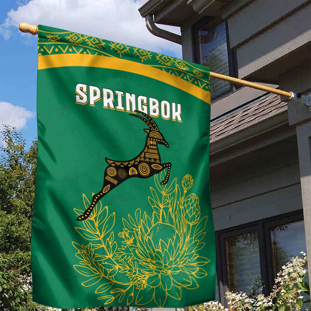 South Africa Springboks Garden Flag with Tribal Antelope Design and Floral Accents