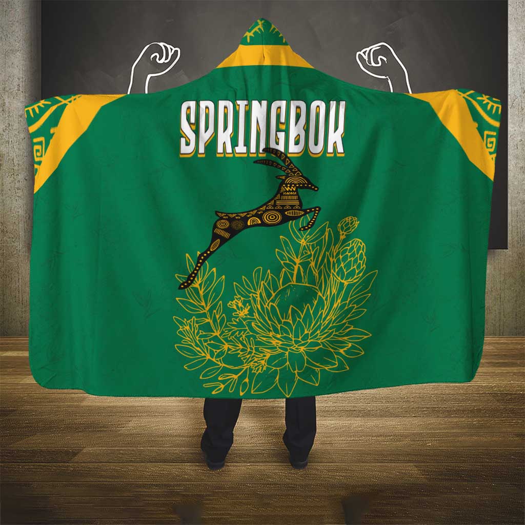 South Africa Springboks Hooded Blanket with Tribal Antelope Design and Floral Accents