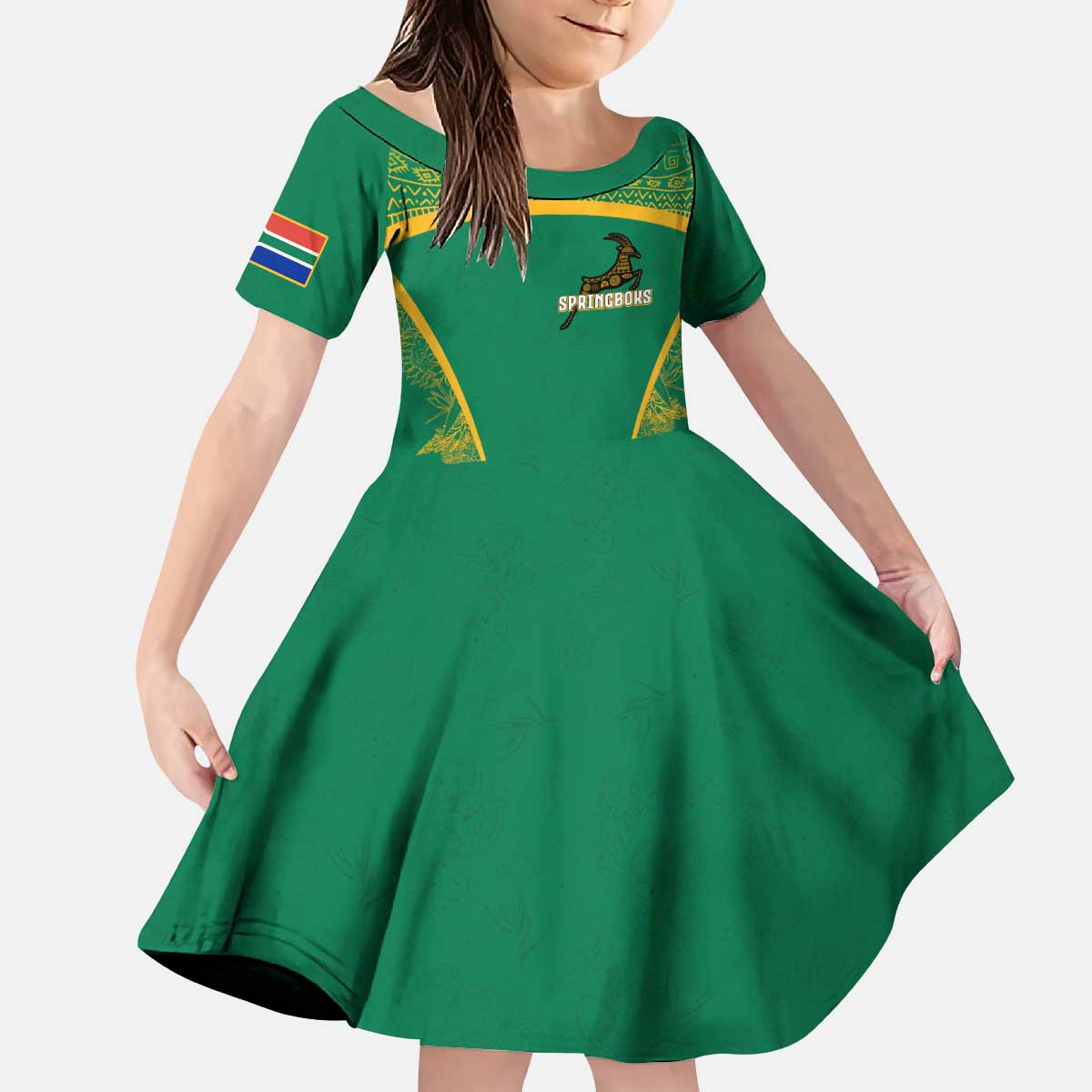 South Africa Springboks Kid Short Sleeve Dress with Tribal Antelope Design and Floral Accents