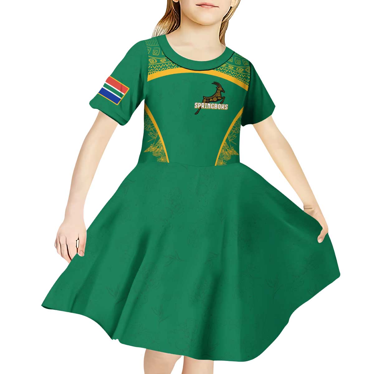 South Africa Springboks Kid Short Sleeve Dress with Tribal Antelope Design and Floral Accents
