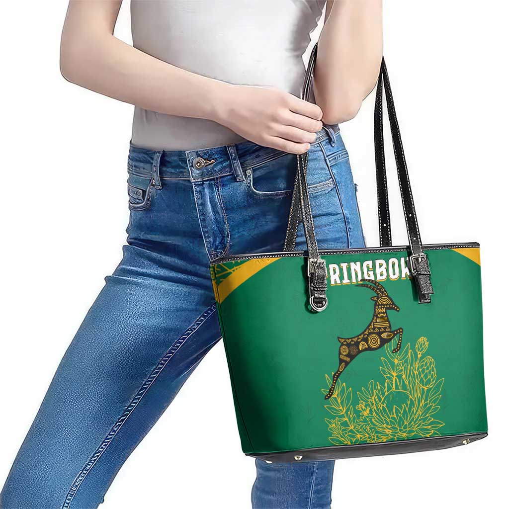 South Africa Springboks Leather Tote Bag with Tribal Antelope Design and Floral Accents