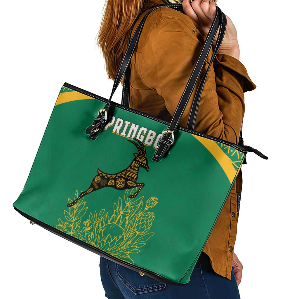 South Africa Springboks Leather Tote Bag with Tribal Antelope Design and Floral Accents