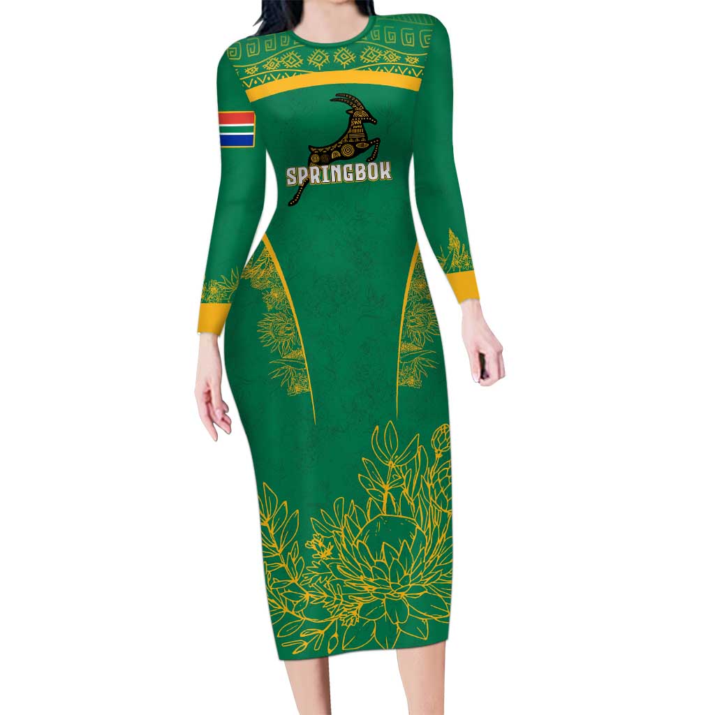 South Africa Springboks Long Sleeve Bodycon Dress with Tribal Antelope Design and Floral Accents