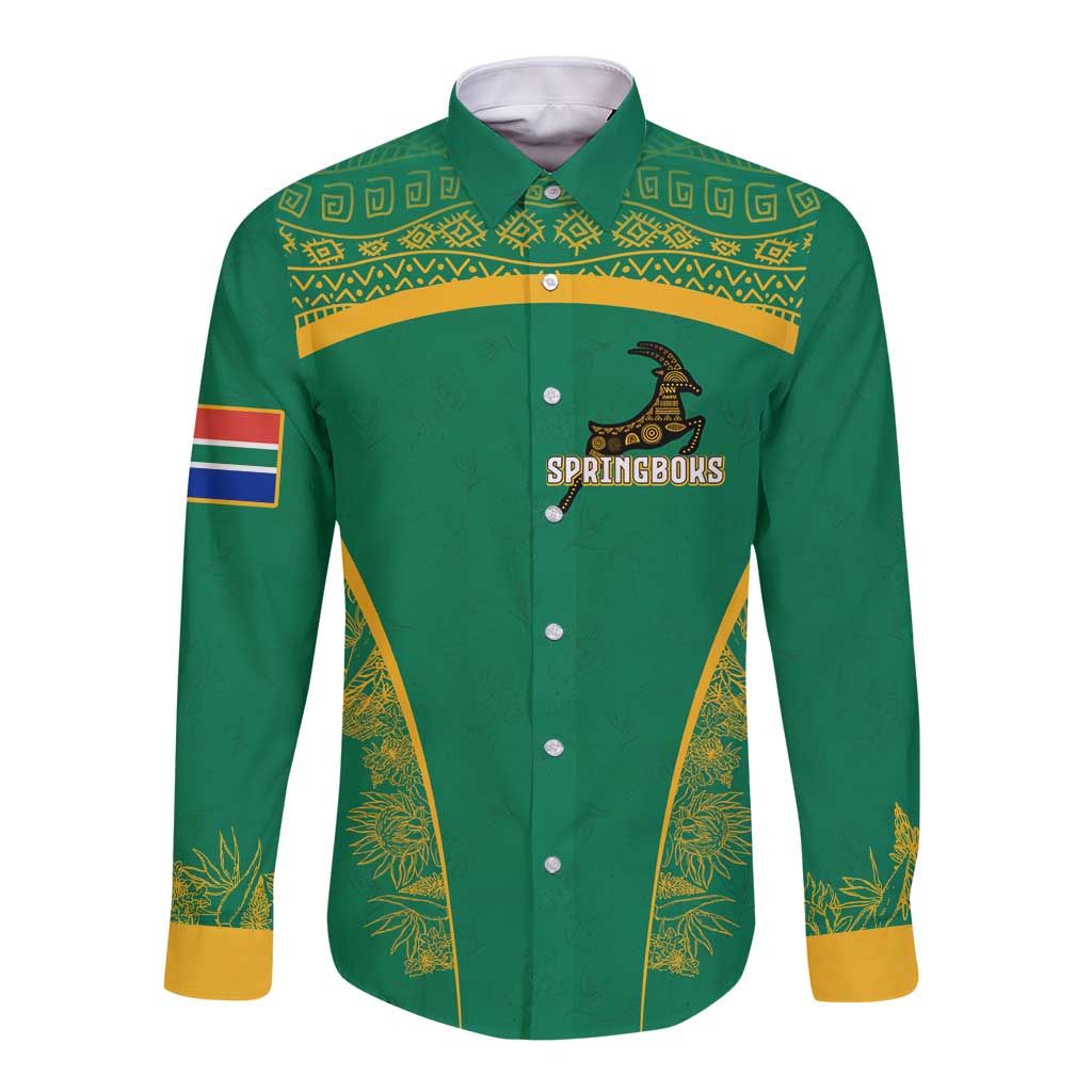 South Africa Springboks Long Sleeve Button Shirt with Tribal Antelope Design and Floral Accents
