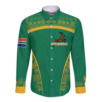 South Africa Springboks Long Sleeve Button Shirt with Tribal Antelope Design and Floral Accents