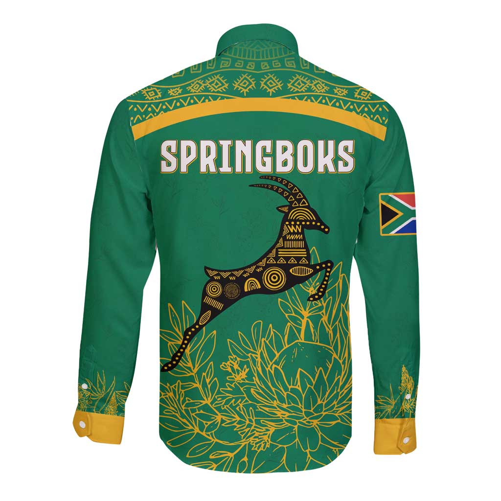 South Africa Springboks Long Sleeve Button Shirt with Tribal Antelope Design and Floral Accents