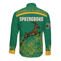 South Africa Springboks Long Sleeve Button Shirt with Tribal Antelope Design and Floral Accents