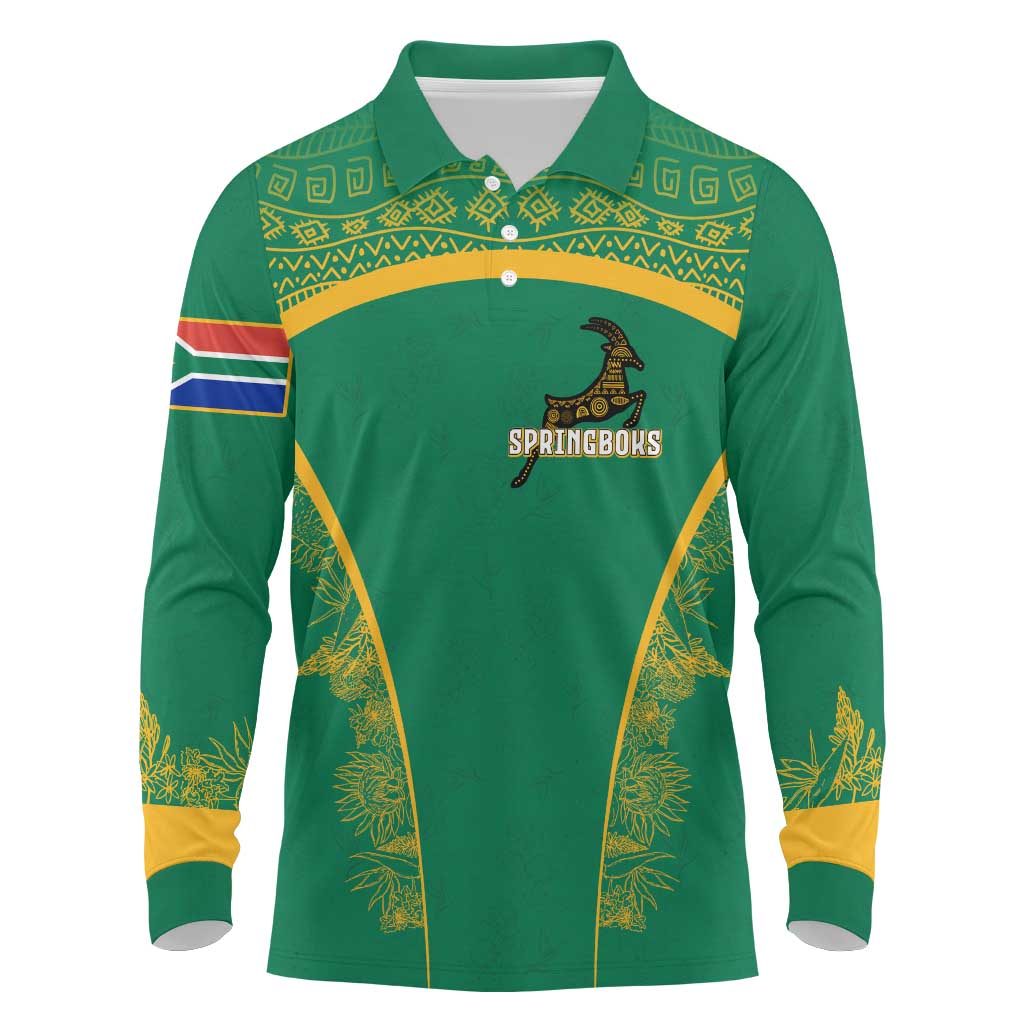 South Africa Springboks Long Sleeve Polo Shirt with Tribal Antelope Design and Floral Accents