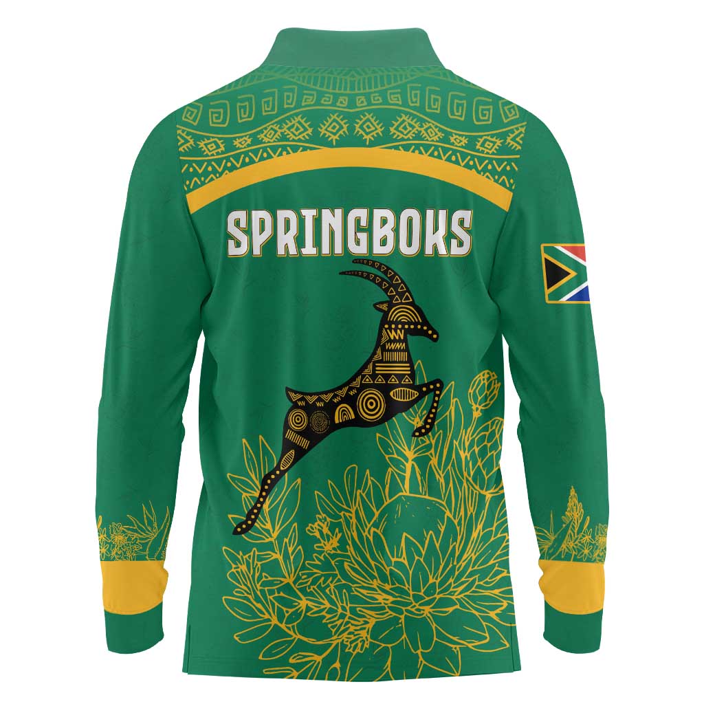 South Africa Springboks Long Sleeve Polo Shirt with Tribal Antelope Design and Floral Accents