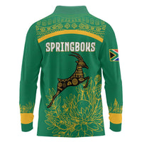 South Africa Springboks Long Sleeve Polo Shirt with Tribal Antelope Design and Floral Accents