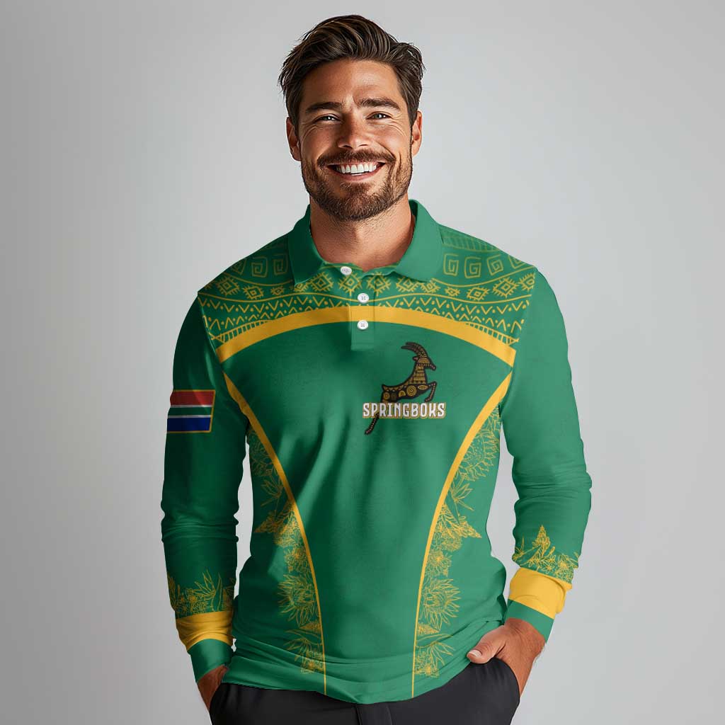 South Africa Springboks Long Sleeve Polo Shirt with Tribal Antelope Design and Floral Accents