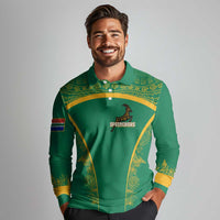 South Africa Springboks Long Sleeve Polo Shirt with Tribal Antelope Design and Floral Accents
