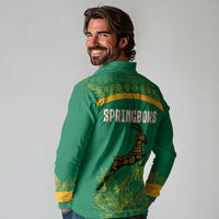 South Africa Springboks Long Sleeve Polo Shirt with Tribal Antelope Design and Floral Accents