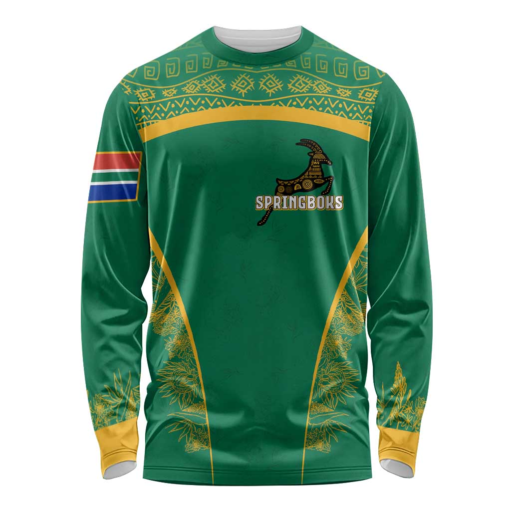 South Africa Springboks Long Sleeve Shirt with Tribal Antelope Design and Floral Accents