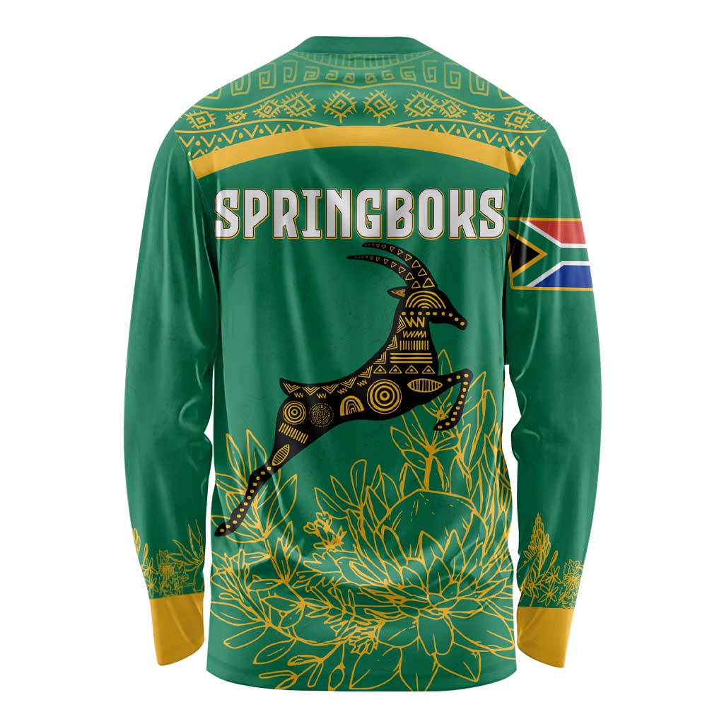 South Africa Springboks Long Sleeve Shirt with Tribal Antelope Design and Floral Accents