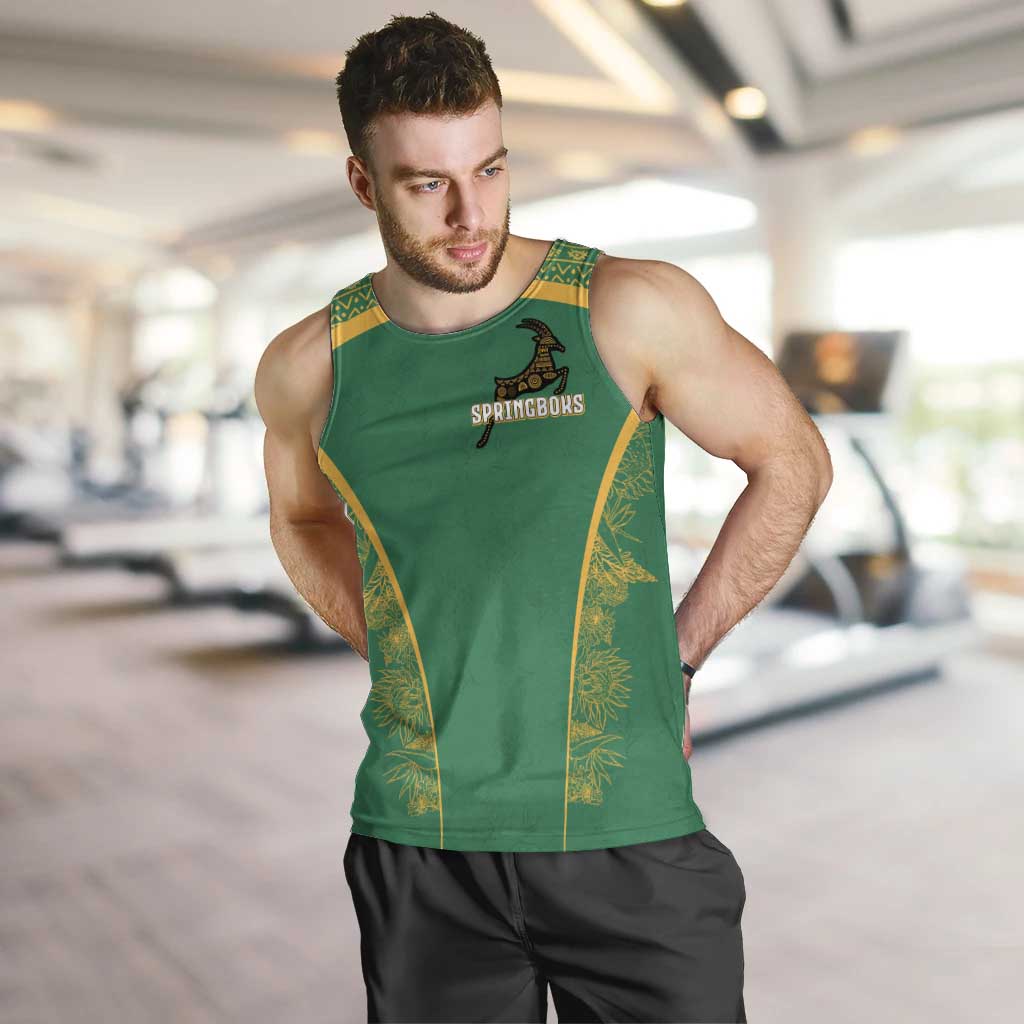 South Africa Springboks Men Tank Top with Tribal Antelope Design and Floral Accents