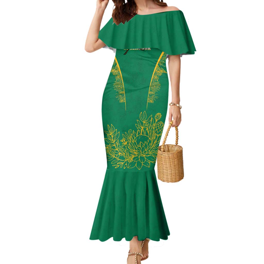South Africa Springboks Mermaid Dress with Tribal Antelope Design and Floral Accents