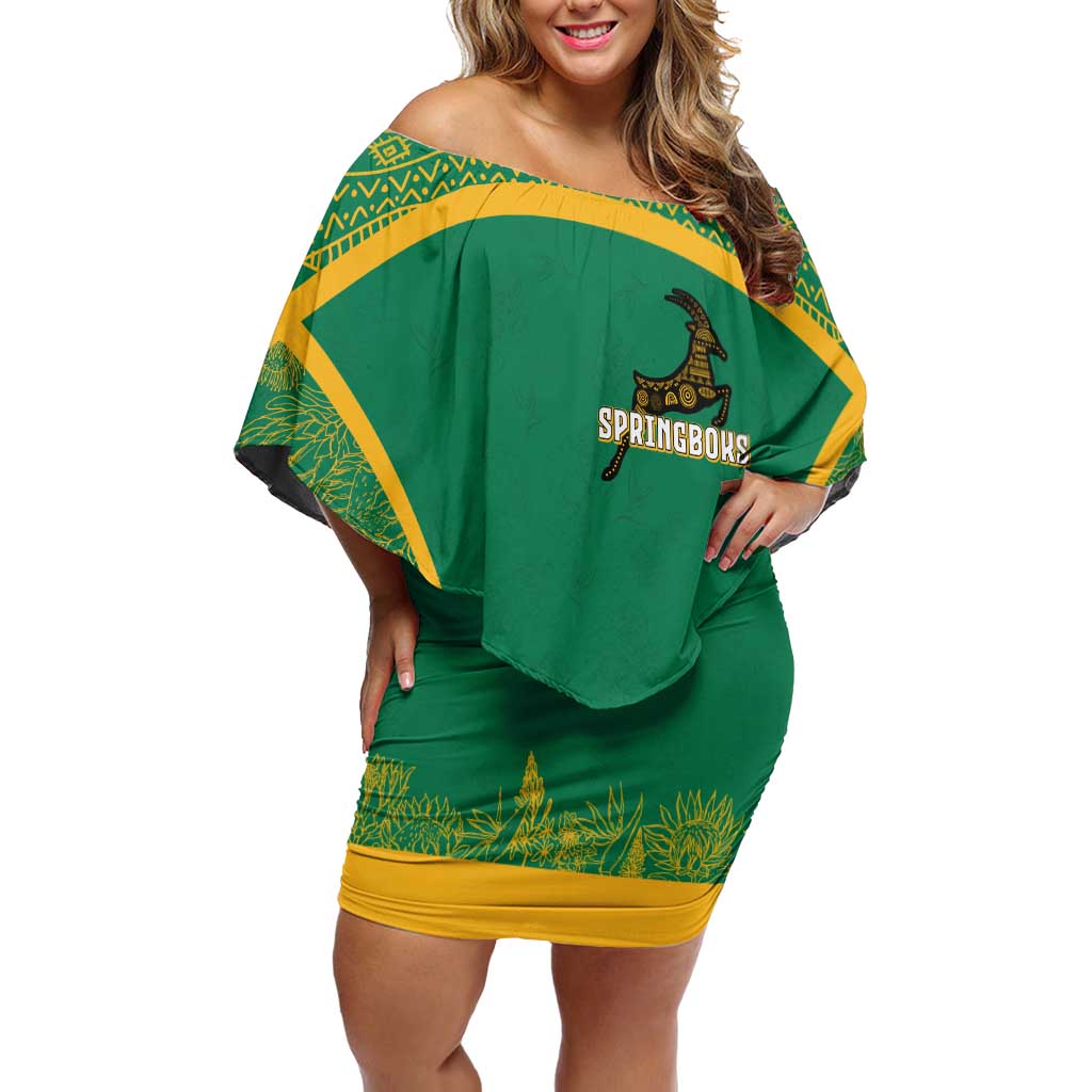 South Africa Springboks Off Shoulder Short Dress with Tribal Antelope Design and Floral Accents
