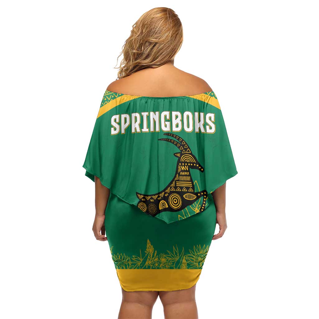 South Africa Springboks Off Shoulder Short Dress with Tribal Antelope Design and Floral Accents
