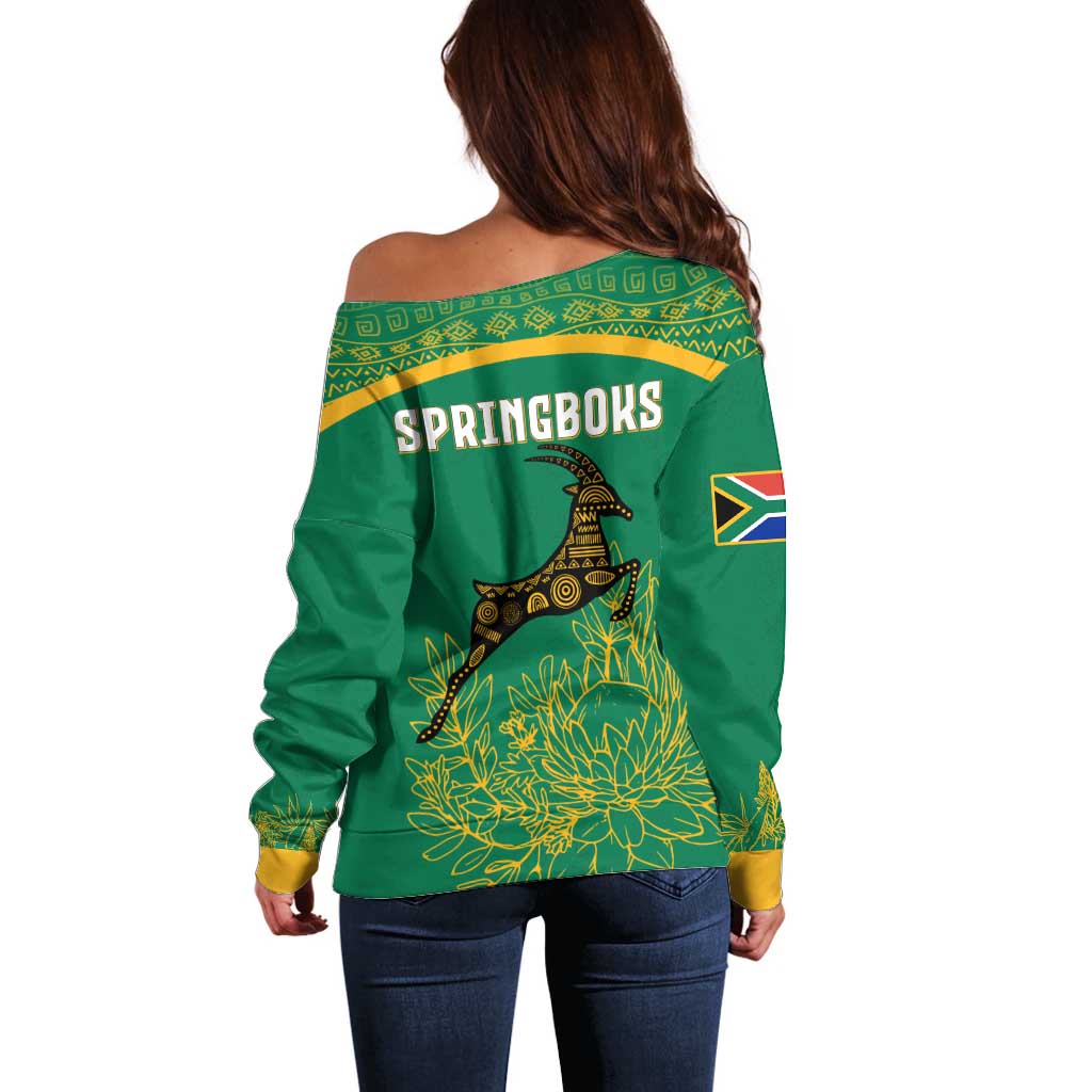 South Africa Springboks Off Shoulder Sweater with Tribal Antelope Design and Floral Accents