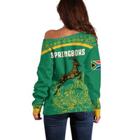 South Africa Springboks Off Shoulder Sweater with Tribal Antelope Design and Floral Accents
