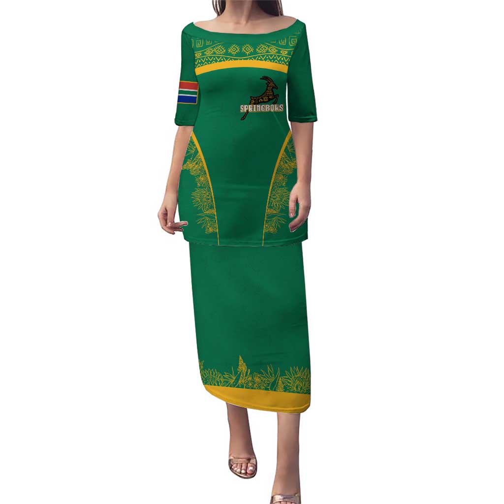 South Africa Springboks Puletasi with Tribal Antelope Design and Floral Accents
