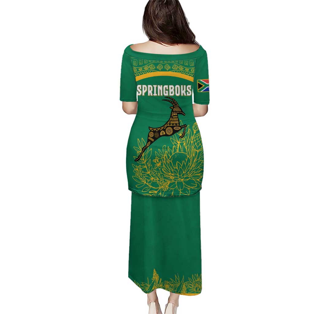 South Africa Springboks Puletasi with Tribal Antelope Design and Floral Accents