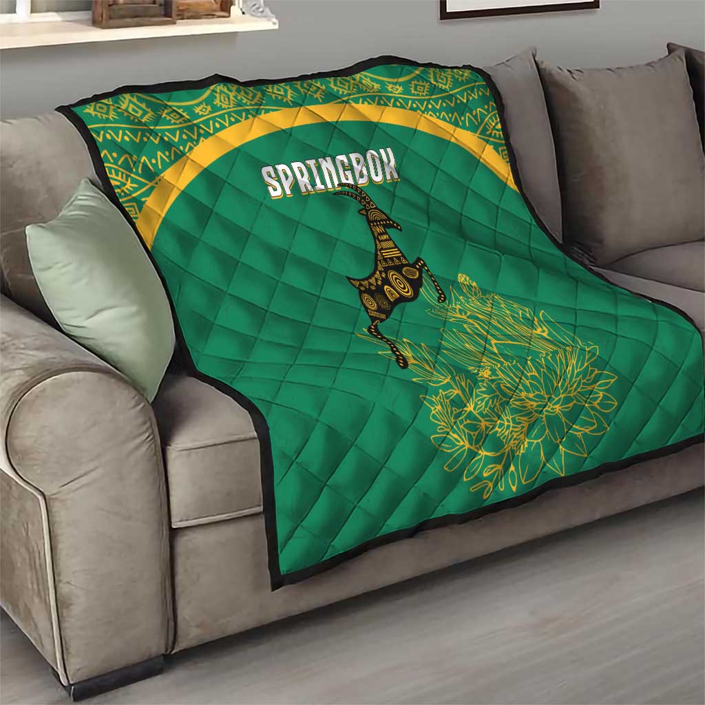 South Africa Springboks Quilt with Tribal Antelope Design and Floral Accents