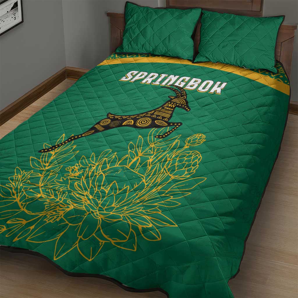 South Africa Springboks Quilt Bed Set with Tribal Antelope Design and Floral Accents