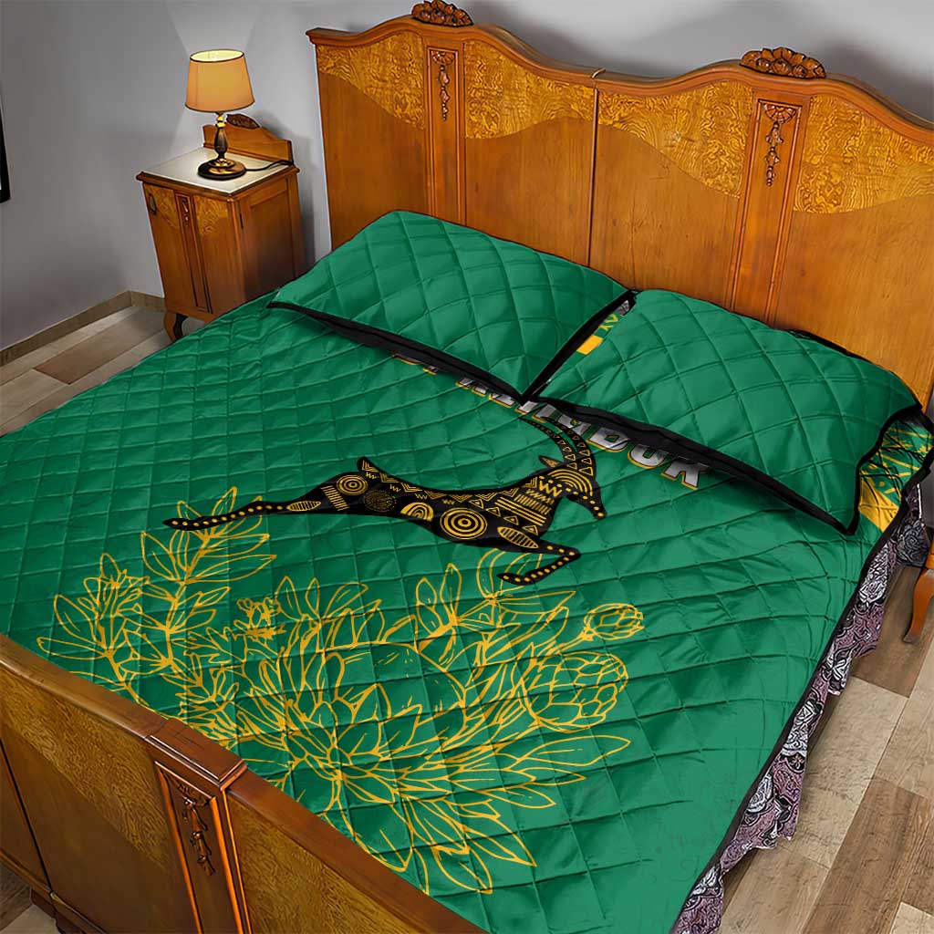 South Africa Springboks Quilt Bed Set with Tribal Antelope Design and Floral Accents