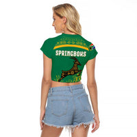 South Africa Springboks Raglan Cropped T Shirt with Tribal Antelope Design and Floral Accents