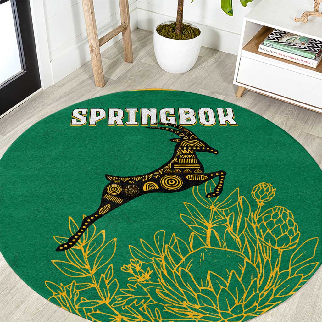 South Africa Springboks Round Carpet with Tribal Antelope Design and Floral Accents