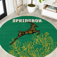 South Africa Springboks Round Carpet with Tribal Antelope Design and Floral Accents