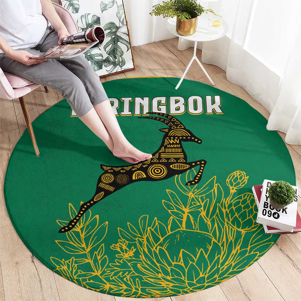 South Africa Springboks Round Carpet with Tribal Antelope Design and Floral Accents