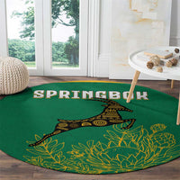 South Africa Springboks Round Carpet with Tribal Antelope Design and Floral Accents