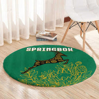South Africa Springboks Round Carpet with Tribal Antelope Design and Floral Accents