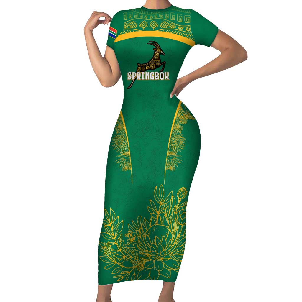 South Africa Springboks Short Sleeve Bodycon Dress with Tribal Antelope Design and Floral Accents