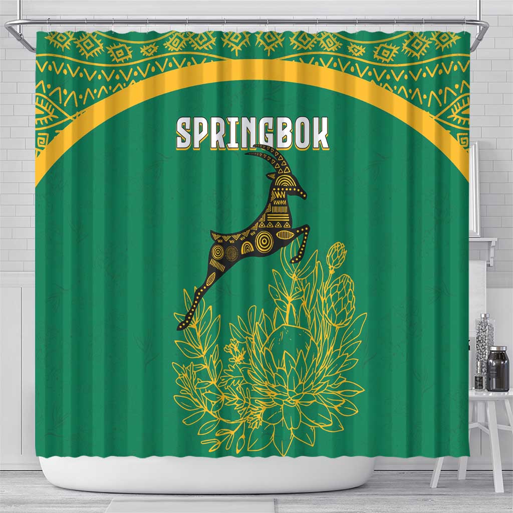 South Africa Springboks Shower Curtain with Tribal Antelope Design and Floral Accents