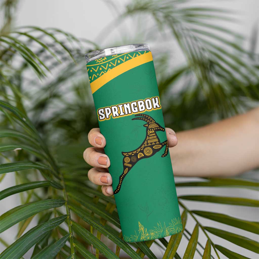 South Africa Springboks Skinny Tumbler with Tribal Antelope Design and Floral Accents