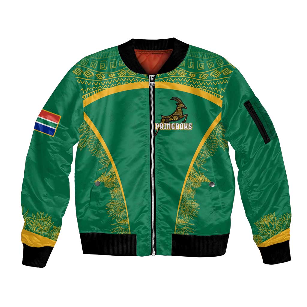 South Africa Springboks Sleeve Zip Bomber Jacket with Tribal Antelope Design and Floral Accents